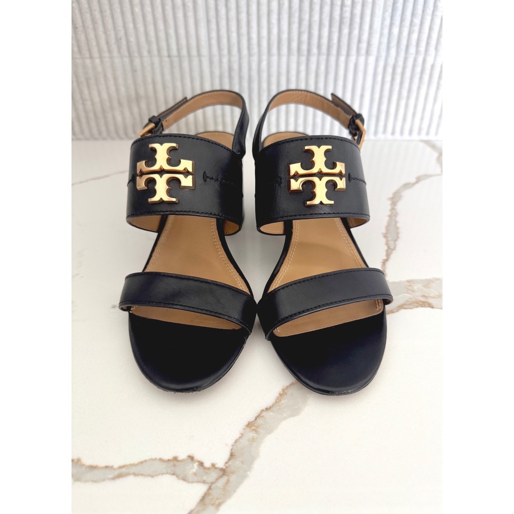 Tory Burch Everly Low Heel Sandal Black Leather Gold Double T Logo Size 8M